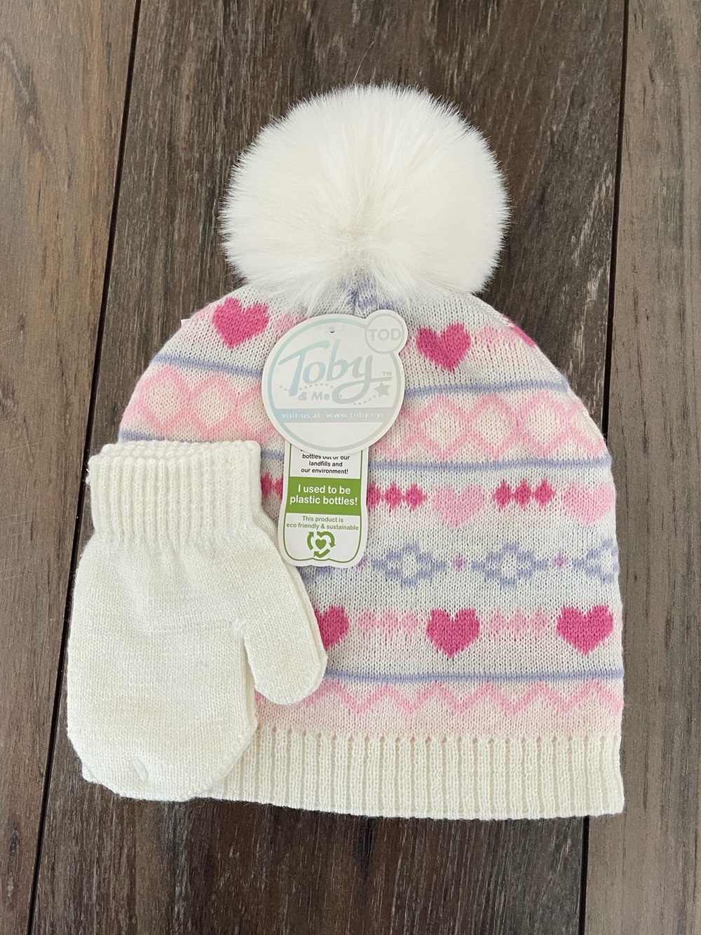 Toby & Me Toddler 1-3 yrs Girls Knit pom-pom Hat & Mitten Set white, pink NWT
